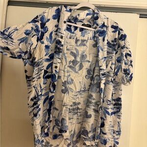 George Blue and White Tropical-Print Camp Shirt